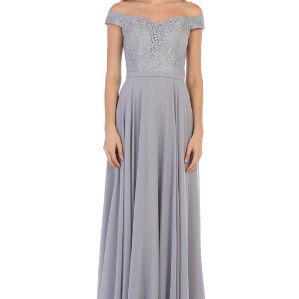 Long Misses Gray Lace Off Shoulder Bridesmaid Gown